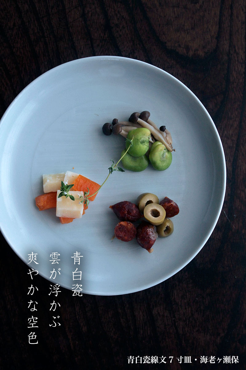 白磁・青磁：青白瓷線文7寸皿・海老ヶ瀬保