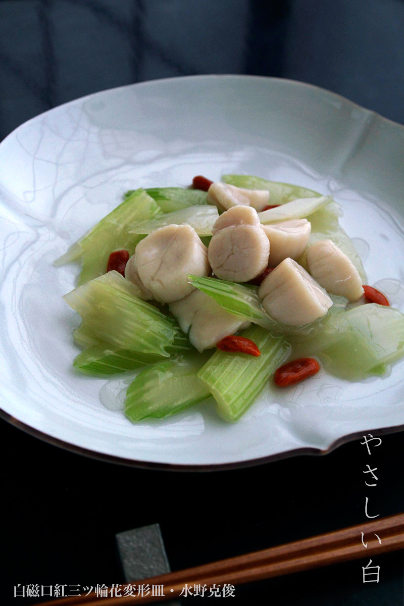 白磁：白磁口紅三ツ輪花変形皿・水野克俊