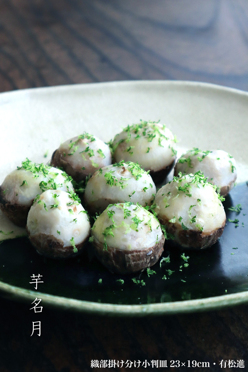 織部焼：織部掛け分け小判皿23×19cm・有松進