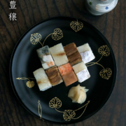 漆器：黒目はじき宗寛盆8寸・双葉葵文箔絵・守田漆器・山本哲