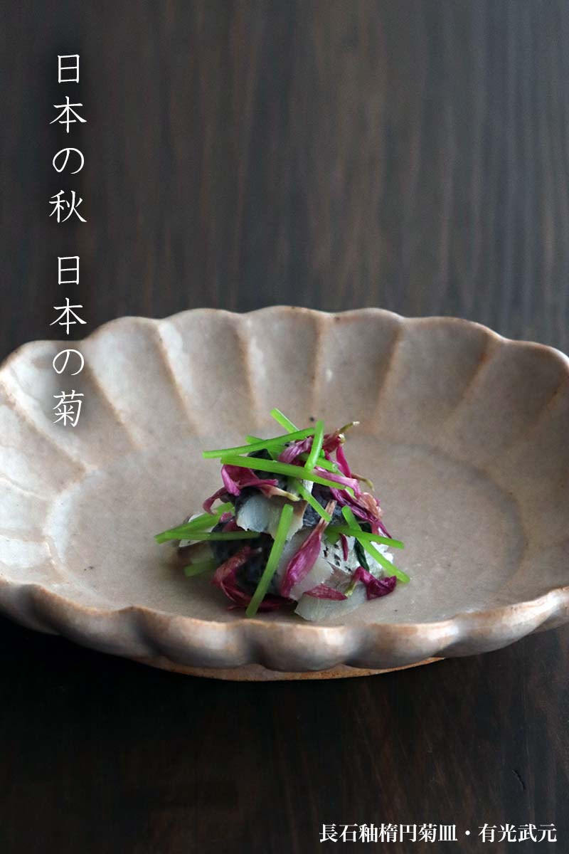 長石釉楕円菊皿・有光武元