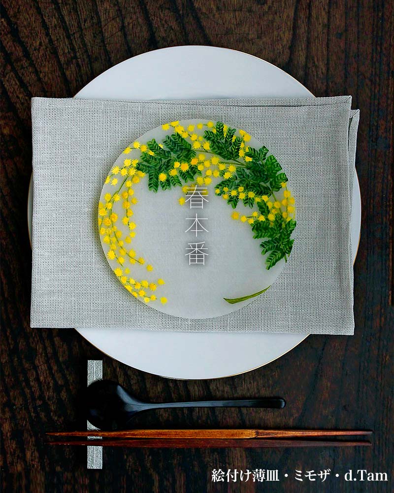 ガラス:絵付け薄皿・ミモザ・d.tam ガラス:絵付け薄皿・ミモザ・d.tam