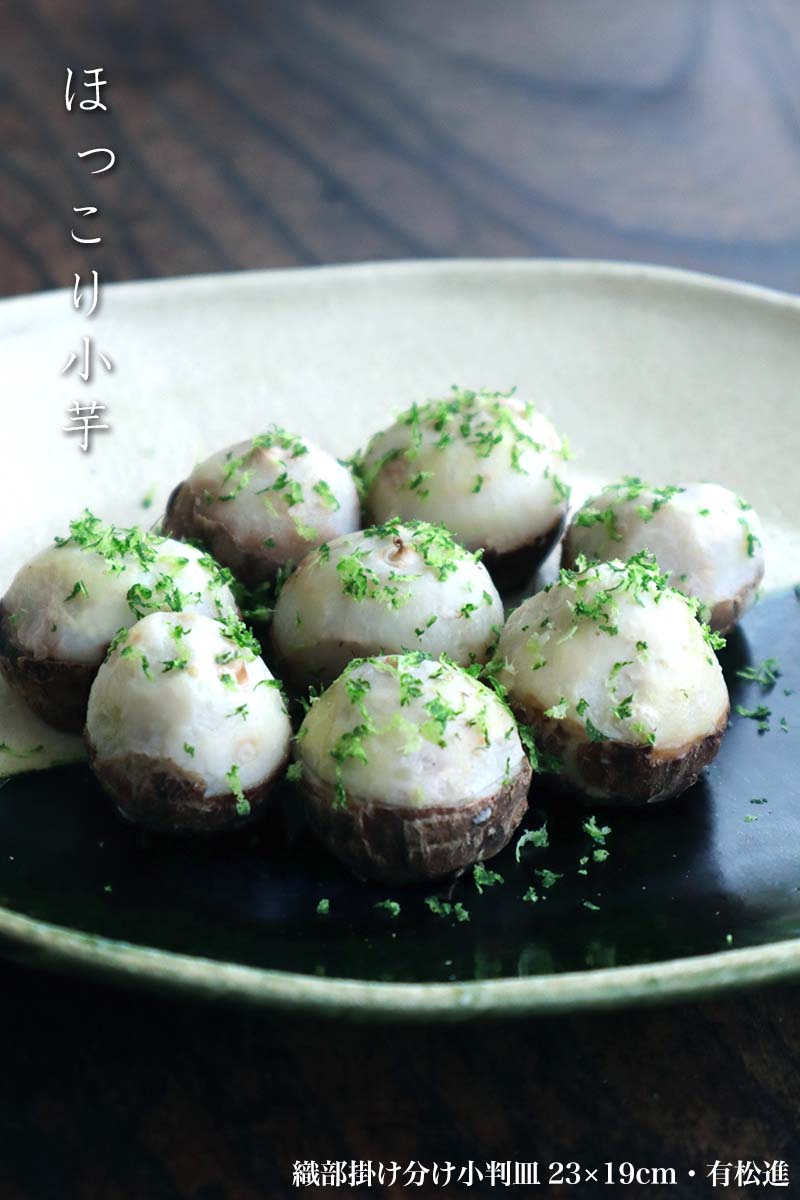 織部焼:織部掛け分け小判皿23×19cm・有松進 織部焼:織部掛け分け小判皿23×19cm・有松進